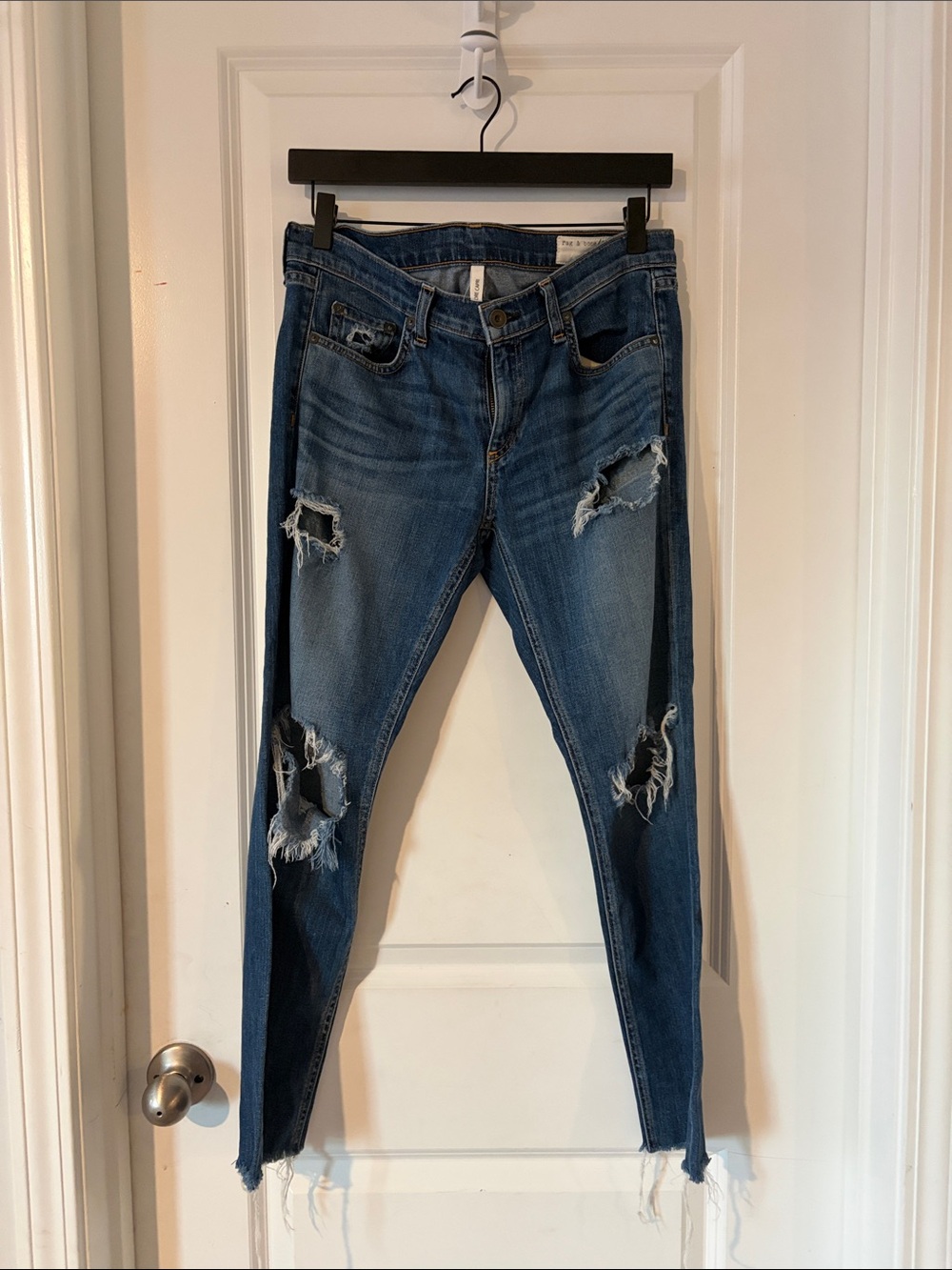 rag & bone Blue Ripped Skinny Jeans with Frayed Hem